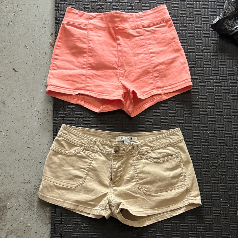Forever 21 Coral Pink and Beige High-Rise Jean Shorts Duo peach 27 tan 28